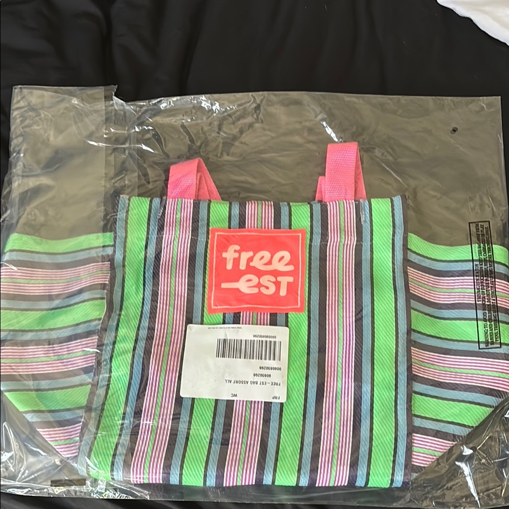 Green and Pink Striped Tote Bag with Sporty Design
